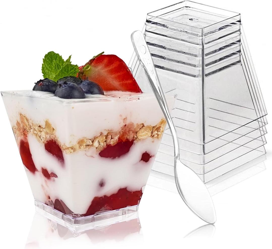 30 Pack 3.5 oz Square Dessert Cups with Spoons, Mini Plastic Parfait Appetizer Cups, Clear Reusable Small Shooter Cups, Serving Bowls for Tasting Party Samples Dessert Shot Glasses