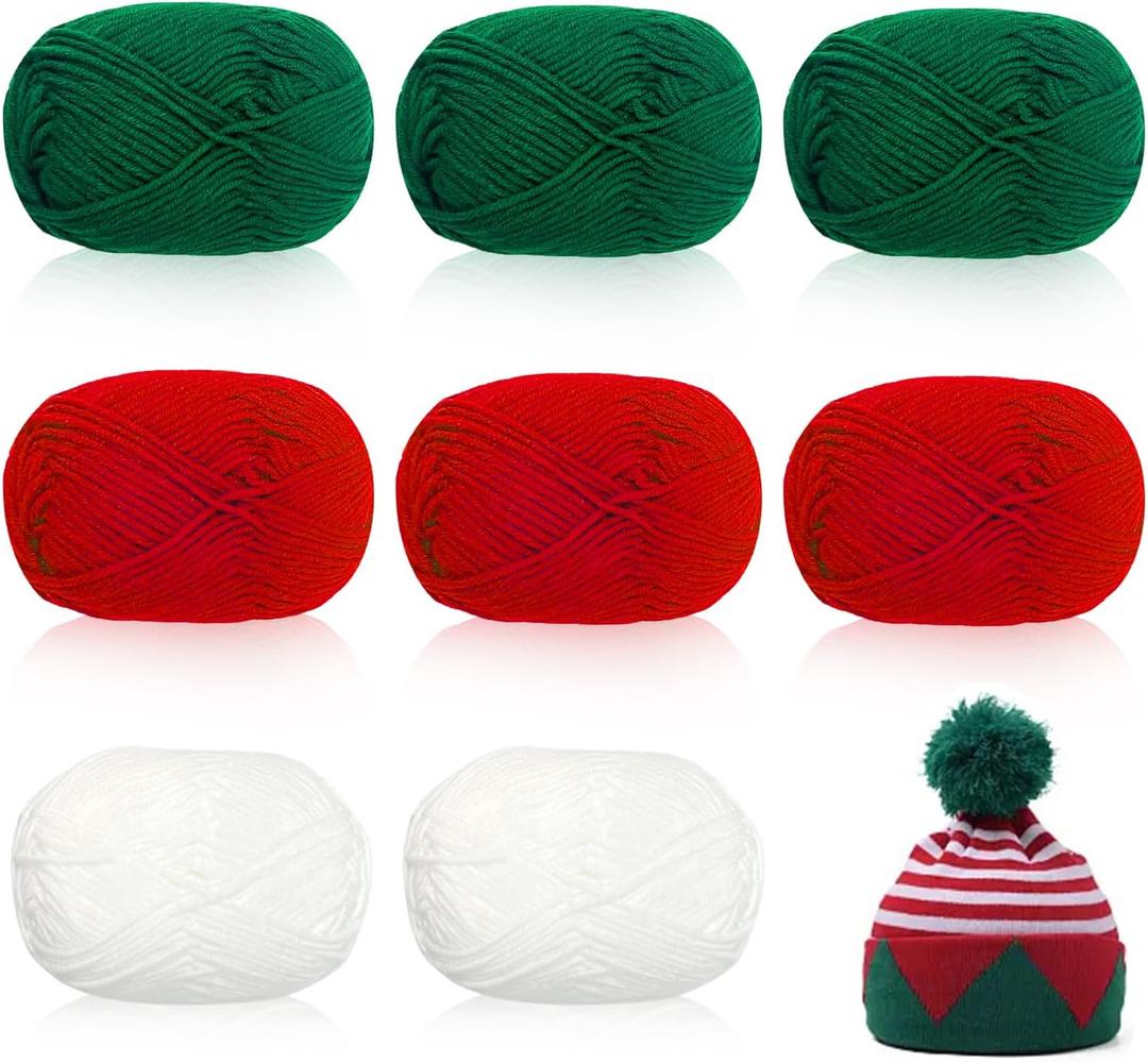 Rainmae 8 Pack Yarn for Christmas Knitting Crochet Velvet Yarns Knitting Yarn for Xmas DIY Craft Handmade Scarf Hat Christmas Stocking Decoration (White, Green, Red)