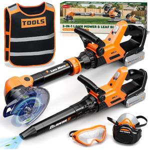 KidBloom Kids Gardening Tools Set with Vest, 2-in-1 Kids Lawn Mower & Kids Leaf Blower with Lights & Sounds, Toy Weed Wacker with Goggles & Mask, Outdoor Pretend Play Toys, Birthday Gifts for Boys 3+ (Orange)
