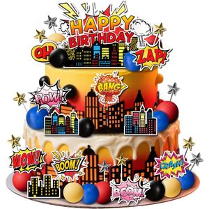 46 PCS Superhero Cake Topper - Happy Birthday Decorations for Hero Themed Party Supplies - City Cake Decor 