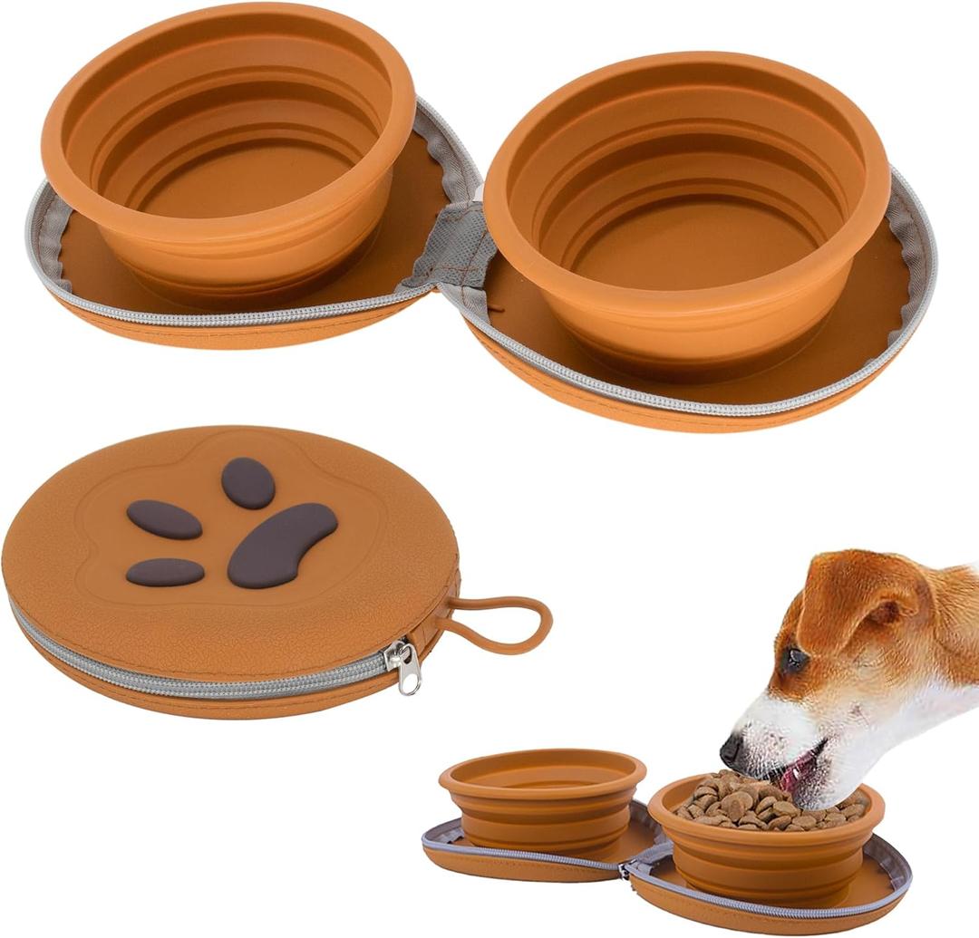 Collapsible Dog Bowls, 2-in-1 Pet Portable Travel Double Bowl Water Food Feeder Traveling Camping & Walking 25oz Brown Collapsible Dog Bowls, 2-in-1 Pet Portable Travel Double Bowl Water Food Feeder Traveling Camping & Walking 25oz Brown