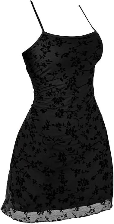 Verdusa Women's Mini Dress Floral Spaghetti Strap Mesh Dresses Going Out Festival Concert Outfits Grunge Gothic Clothes, Dark Black, Small