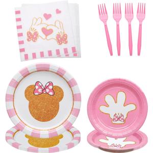 96 Pcs Minnie Tableware Set for Girl Pink Animals Theme Party Supplies With Gold Foil Decorations, Paper Plates, Napkins, Forks - Serves 24 Guests