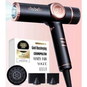 ELLA BELLA Professional Ionic Hair Dryer with Diffuser  Negative Ion Blow Dryer  Suitable All Hair Types  Intelligent Heat Control & Rapid Drying Speeds  Lightweight Design  Low Noise Technology (Black)