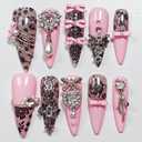 Handmade Press On Nails Stiletto, Pink Press On Nails Long, Rhinestone Lace 3D Nails With Bow For Women Gift, Reusable Stick On Fake Nails Kit With Nail Glue (Lace Charm, L)