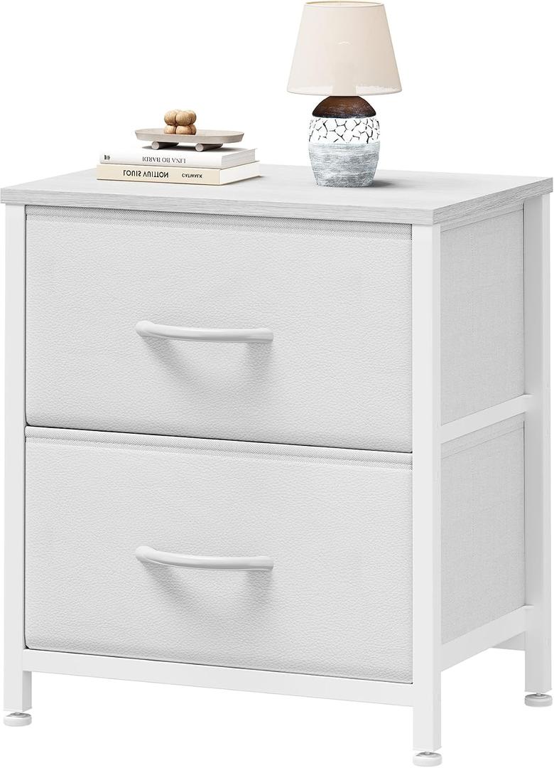 Sweetcrispy Nightstand with 2 Storage Drawers, 20" Height Small Bed Side Furniture End Table, Wooden Top Fabric Cabinet Kids Night Stand Mini Dresser for Bedroom, Closet, Entryway, Dorm, White