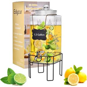 1.5 Gallon Glass Drink Dispenser, Drink Dispensers for Parties, Beverage Dispenser with Stand and Glass Lid, 100% Leakproof Spigot, Ideal for Lemonade, Juice, Iced Tea, Laundry Detergent Dispenser
