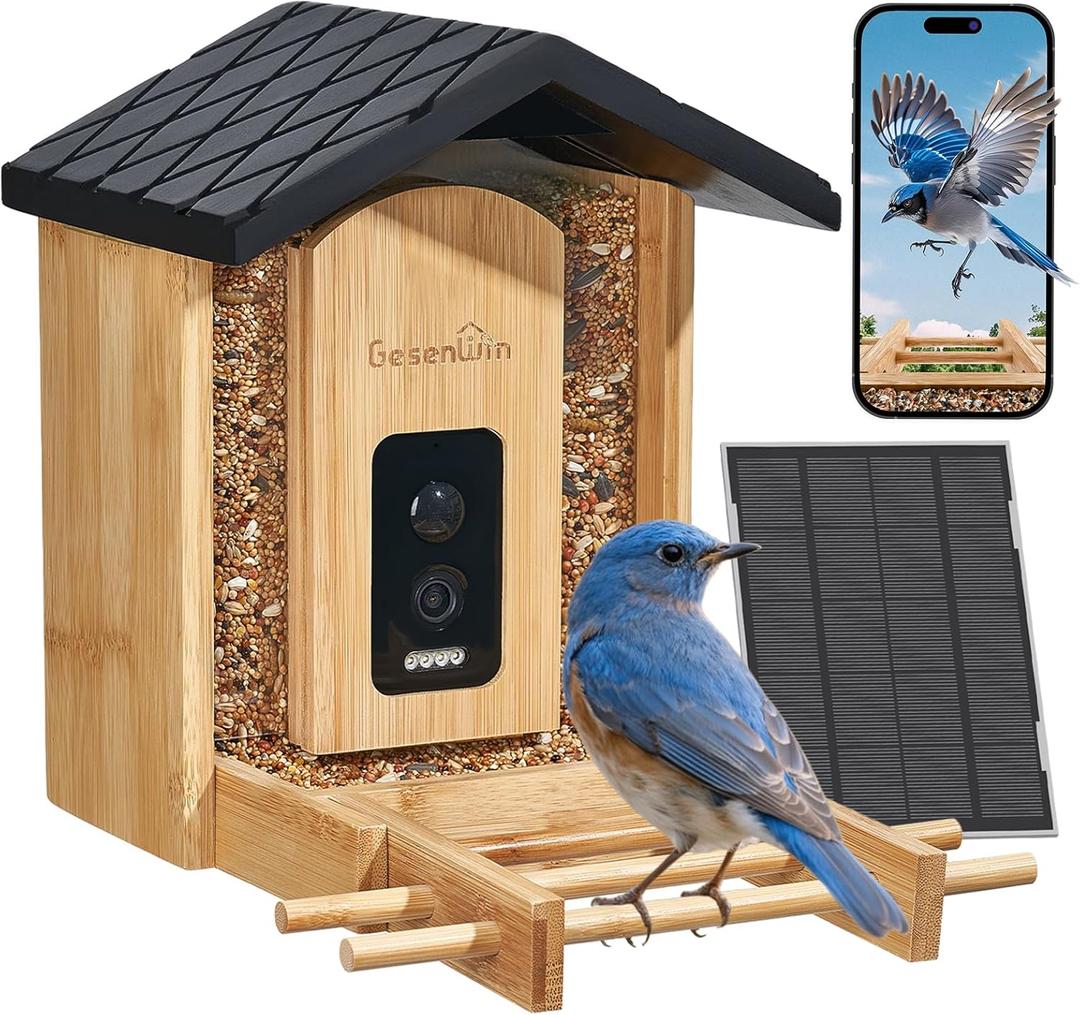 Eco-Friendly Bamboo Smart Bird Feeder with Camera & Solar Panel - AI Identifies 11,000+ Species, 2K HD Night Vision, Wireless Outdoor Birdhouse with Instant Alerts (2.4GHz WiFi Only)