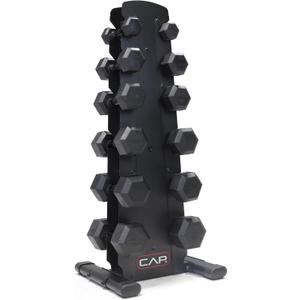 CAP Barbell Rubber Coated Hex Dumbbell Set with Storage Rack | 100210 lb Options, Space-Saving Vertical Compact Storage for Home Gym Strength Training