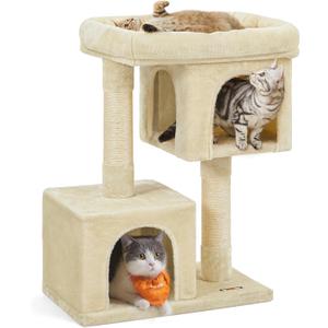 Feandrea Cat Tree, 33.1-Inch Cat Tower, L, Cat Condo for Large Cats up to 16 lb, Large Cat Perch, 2 Cat Caves, Scratching Post, Beige UPCT61M