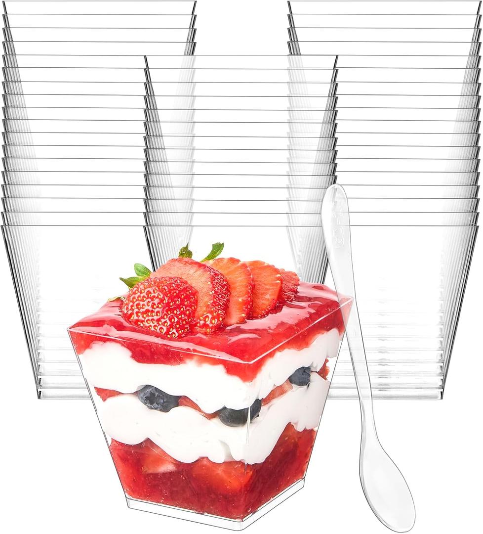 Zezzxu 7 oz Square Mini Dessert Cups with Spoons - 50 Pack Plastic Pudding & Parfait Cups Party Dessert Shooters for Serving Trifle Mousse Cake Appetizer Fruit
