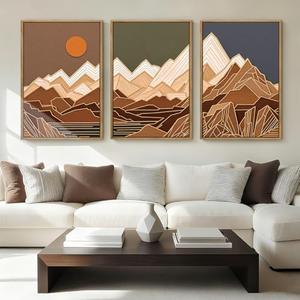 IARTTOP Large Mountain Framed Canvas Wall Art 16x24 Inch Set of 3 Abstract Mountain Woodcut Wall Decor for Living Room Bedroom Office