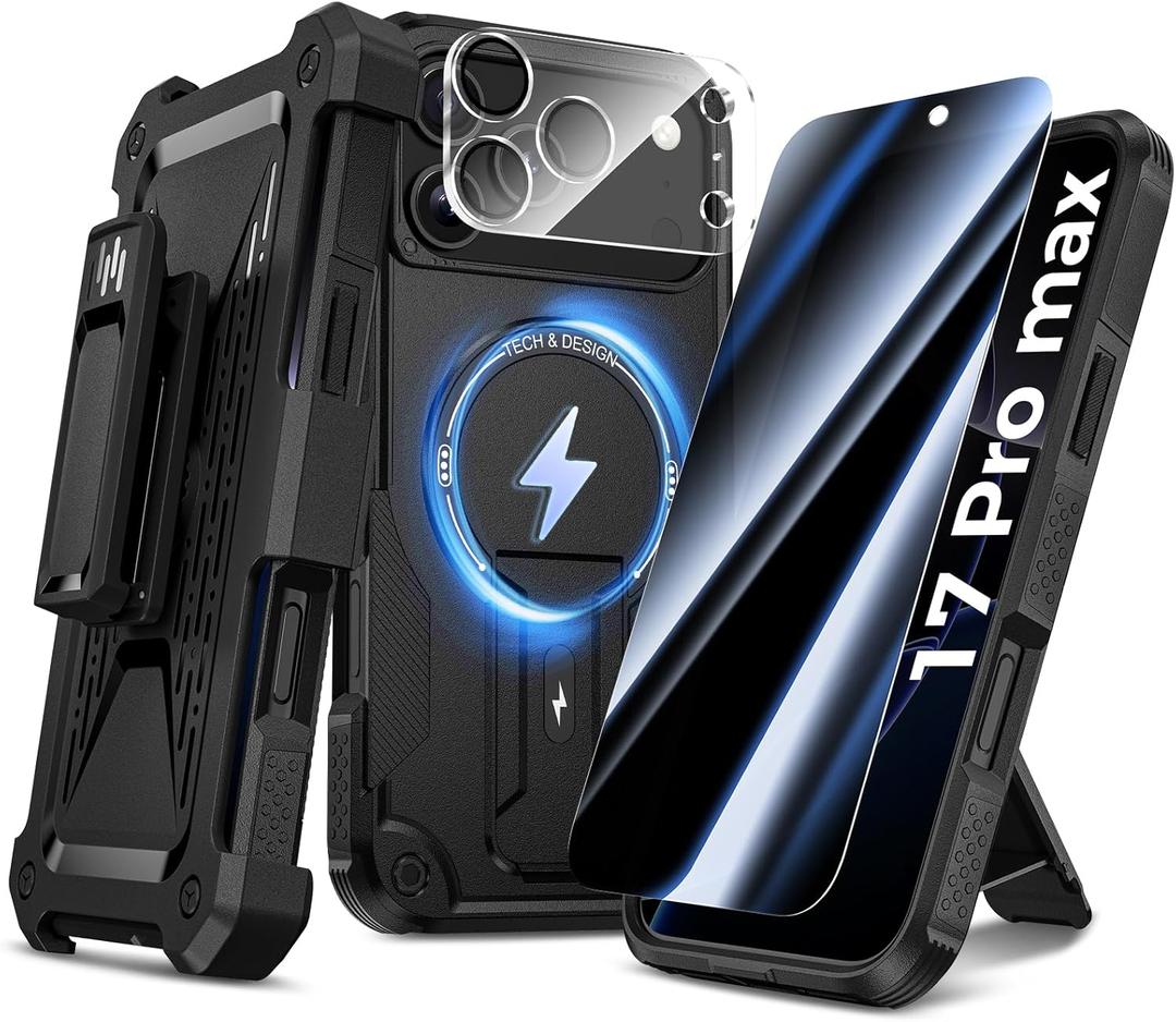Goton 4in1 for iPhone 17 Pro Max Case with Belt Clip Holster, Privacy Tempered Glass Screen Protector & Camera Lens Protector, Compatible with MagSafe, Heavy Duty, Shockproof Phone Cover (Black)