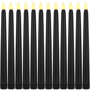 Baquler 12 Pcs 8.5 Inch LED Flameless Taper Candles Bulk Battery Operated Taper Candles Flickering Candlesticks for Wedding Church Holiday Table Decoration (Black)