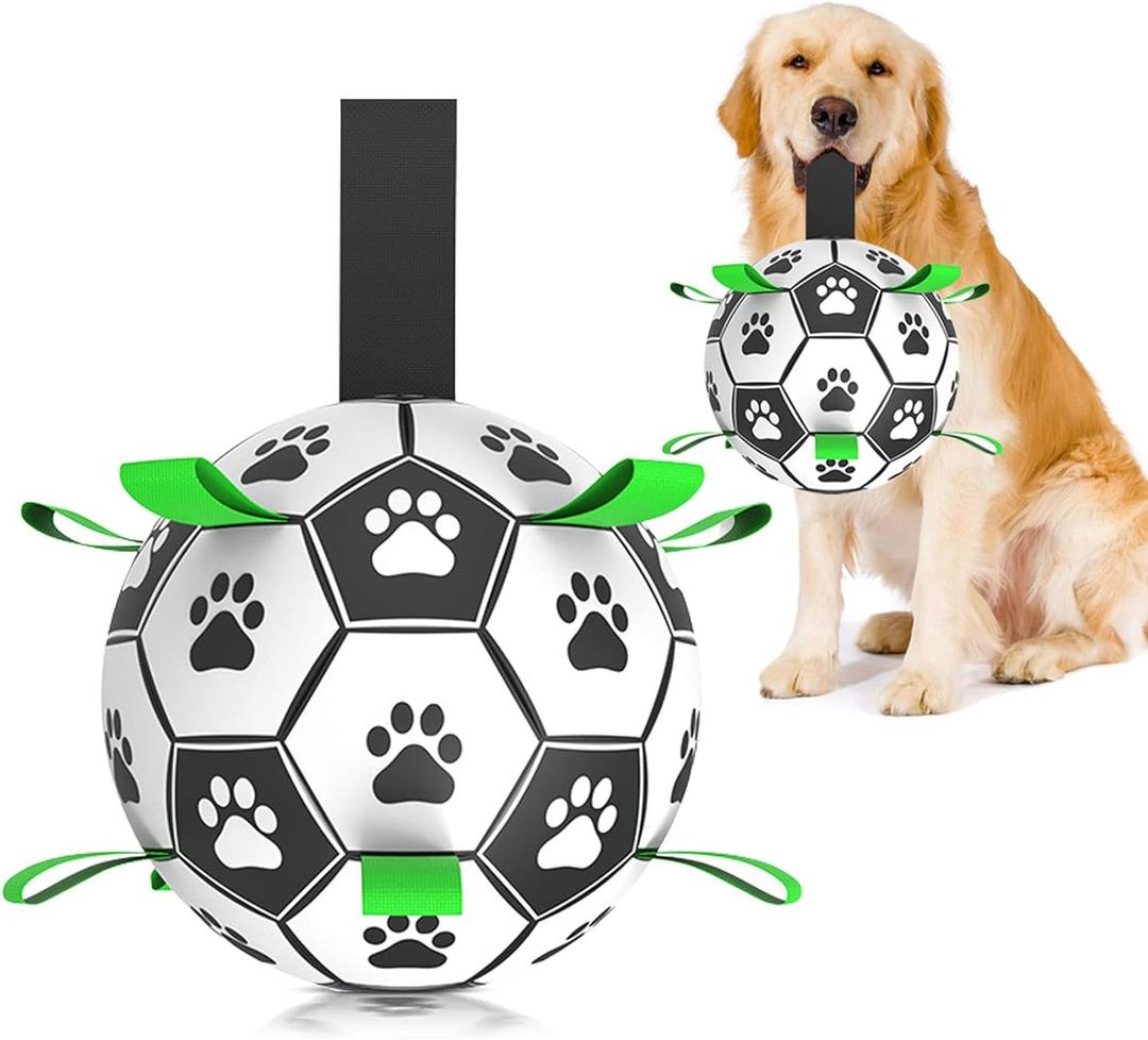Amasiver Dog Soccer Ball Toys with Straps - 8 inch Large Herding Ball for Dogs, Interactive Dog Toys for Tug of War, Tug Toy Birthday Gifts, Water Toy, World Cup Sturdy Dog Balls for Medium Large