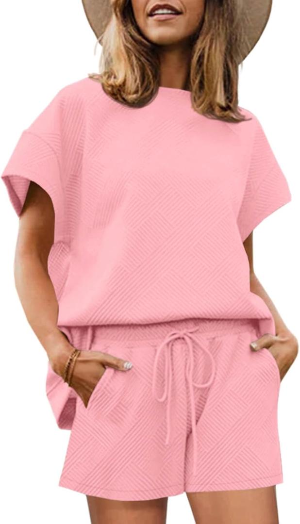 Tankaneo Womens Loungewear Set Short Sleeve Tops and Shorts 2 Piece Outfits Matching Lounge Pajama Set with Pockets (Small, Pink)