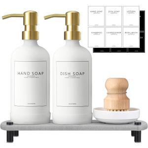 NEECZS Kitchen Soap Dispenser Set with Instant Dry Tray, 16 Oz Hand and Dish Soap White Glass Dispenser Set, Stainless Steel Pump, Waterproof Labels&Dish Brush, Luxury Soap Bottle for Kitchen, Bathroom