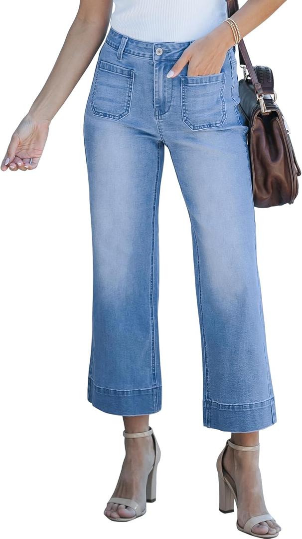 luvamia Wide Leg Jeans for Women Trendy High Waisted Flare Jeans Cropped Denim Pants Stretchy Baggy with Patch Pockets (XXL)