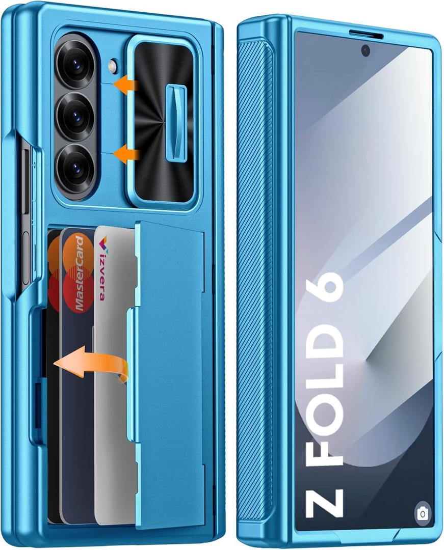 Vizvera for Samsung Galaxy Z Fold 6 Case RFID Wallet with Cards Holder [Hinge Cover] [Camera Cover] Shockproof Silicone Protective Phone Case for Z Fold 6 2024-Lake Blue
