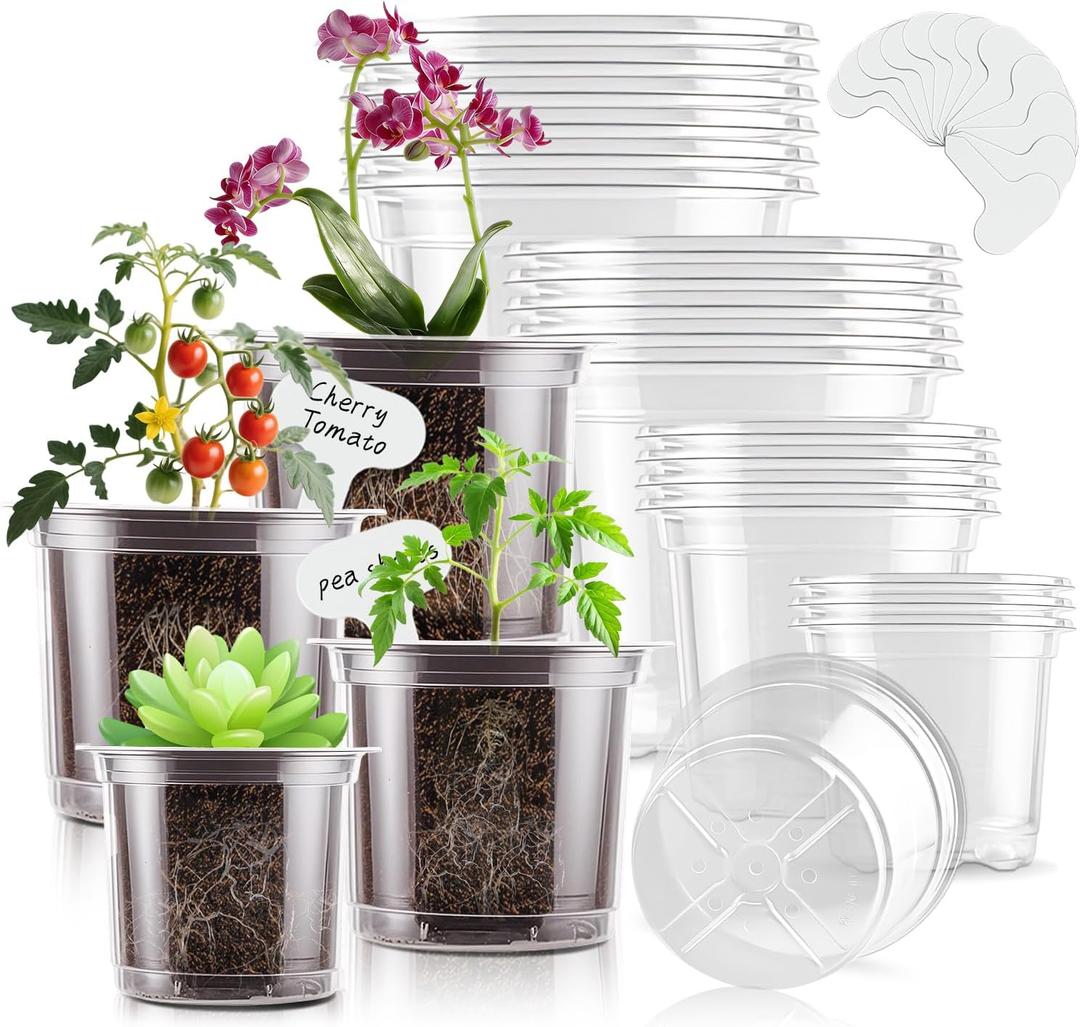 SupKing 20 Pack Clear Nursery Pots 6/5/4/3.5 Inch Plastic Seed Starter Large Small Plant Flower Pot with Drainage Holes for repotting Transplanting Succulents Cuttings Seedlings 15 Labels