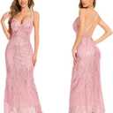 Women's V Neck Spaghetti Straps Sequin Sparkly Glitter Irregular Hem Prom Dress Bcakless Maxi Evening Gowns (Large, Pink)