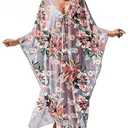 ANRABESS Women Kaftan Moo Moos Dresses Floral Batwing Sleeve V Neck Beach Swimsuit Cover Up Caftan Maxi Dress Red Flowers Green Leaves X-Large