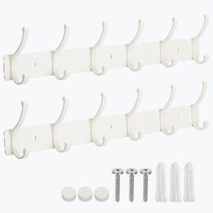 Coat Rack Wall Mount, 2 Pack Coat Hooks Hanger Wall Double Hook Rack Rail Towel Hat Rack Entryway Bathroom Hanger Organizer for Robes, Clothes, Bags, Hat(White)