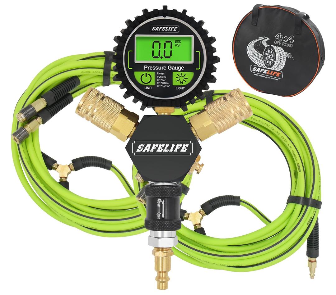 SAFELIFE 4 Tire Inflation & Deflation System, Up to 200" Wheelbase, Rapid High-Flow Air Up Down Kit w/Digital Pressure Gauge for Truck, Car, Trailers