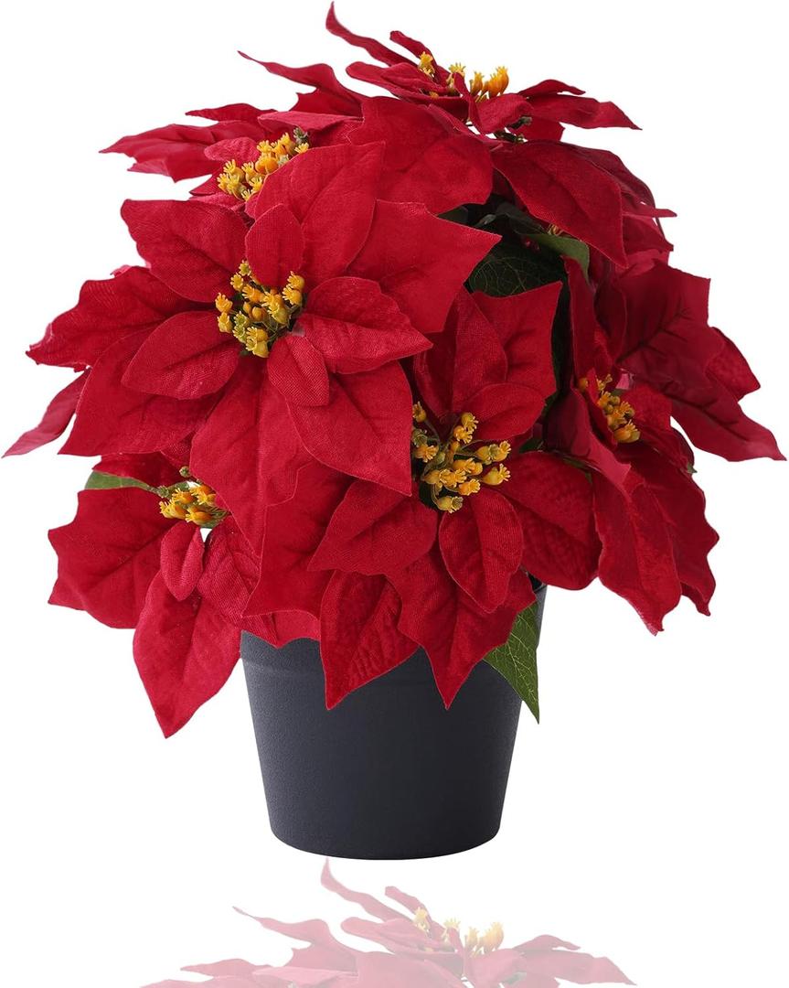 16 Artificial Poinsettias Flowers for Outdoors Red Faux Christmas Poinsettia Plant 11 Heads Winter Flowers for Front Porch Garden Yard Patio Decor