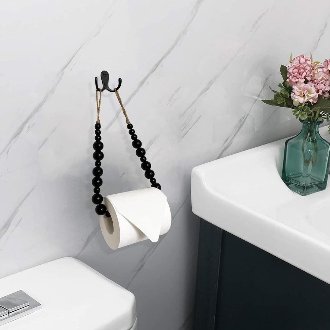 Farmhouse Wooden Beads Toilet Paper Holder, Natural Wood Beaded Paper Towel Roll Holder Tissue Hanger, Bathroom Wall Decor Rustic Boho Decorations (Black)