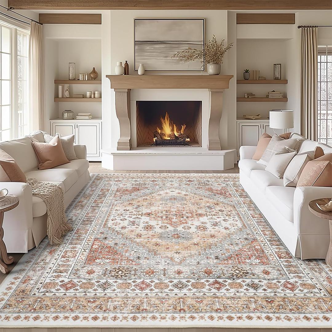 zesthome 7x9 Area Rug, Super Soft Washable Rugs for Living Room, Non-Slip Stain Resistant Vintage Rugs, Ultra-Thin Large Area Rugs (Orange,7'x9') (7' x 9' (Rectangular))