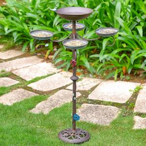 46H Bird Bath and Feeder for Outdoors - Metal 5-in-1 Freestanding Bird Feeder for Outside, Cast Iron Pedestal 3 Prong Stake for Garden Patio Yard