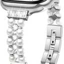 Slim Pearl Beaded Bracelet for Apple Watch Bands 40mm 38mm 41mm 42mm 44mm 45mm 46mm for Women,Elastic Adjustable Metal Bling Diamond Strap for iWatch Series 11 10 9 8 7 6 5 4 3 SE 3/2nd Ultra 49mm (01-Silver)