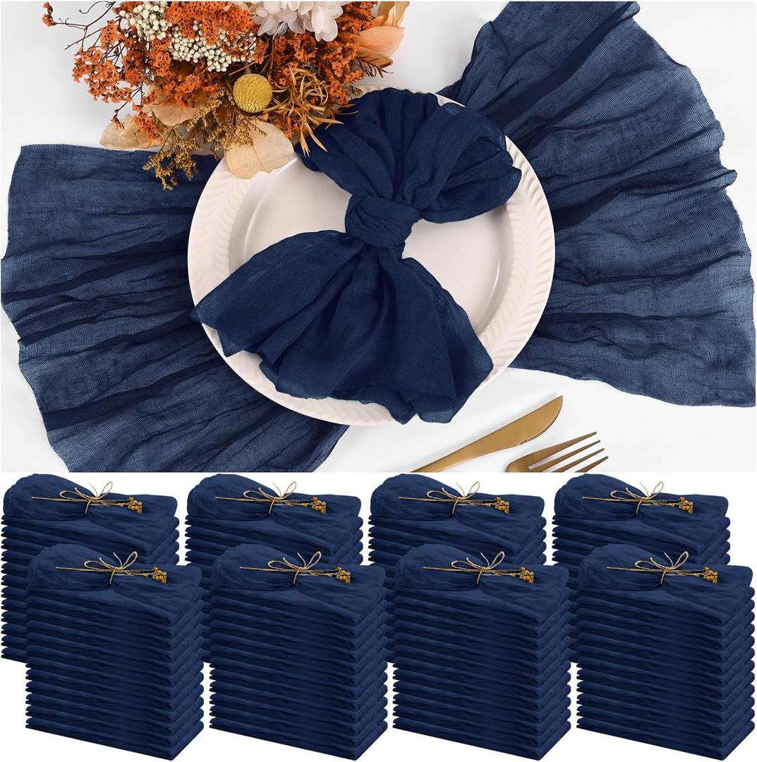 100 Pieces Cloth Napkins Navy Blue Dinner Cheesecloth Napkins for Wedding,Wrinkled Cloth Napkins Bulk for Home Party Rustic Table Decoration, 17 x 17 Inch