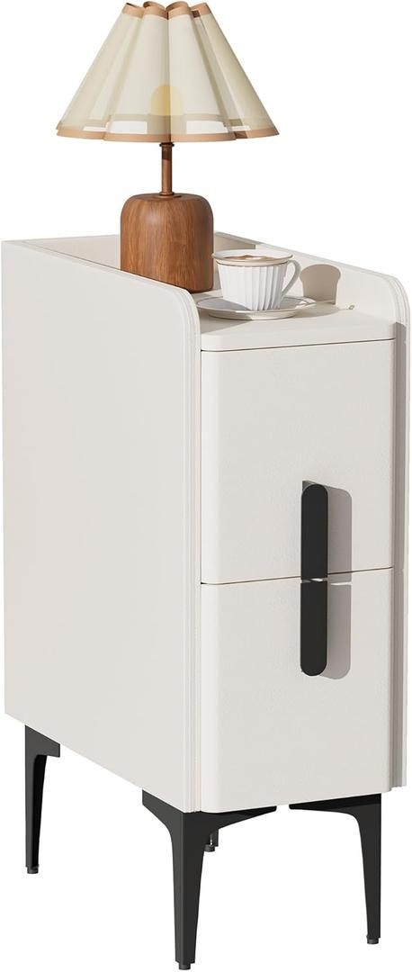 VICITON Narrow Nightstand with 2 Drawers, Narrow Side Table Leather Surface, Slim Bedside Table for Bedrooms, Dormitories, Living Rooms (Cream White, 15.7" D x 7.8" W x 22.4" H)