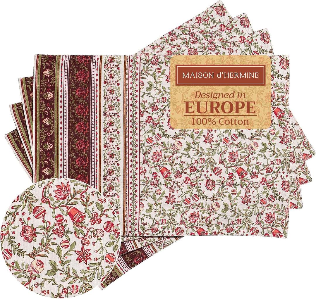 Maison d' Hermine Placemats Set of 4 100% Cotton Washable Cloth Place Mats, Reusable Table Mats for Thanksgiving Christmas Decorations Kitchen Dining Party Wedding (Reveillon Au Jardin, 13" x 19")