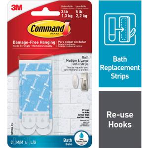 Command Medium & Large Water-Resistant Adhesive Refill Strips, Re-Hang Medium & Large Bath Hooks or Caddies, 6 packs (12 Medium Strips and 24 Large Strips total), BATH22-ES