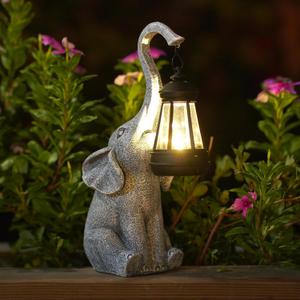 Garden Statues Elephant with Solar Lantern Outdoor Figurines Decorations for Patio Yard Lawn Ornaments Gifts for Birthday Mom Housewarming(Gray)