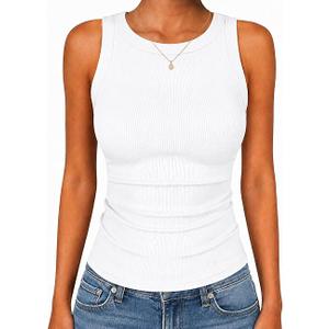 Womens Ribbed Tank Tops High Neck Sleeveless Soft Stretchy Slim Fit Racerback Shirts for Casual Workout Clothes, White Smal