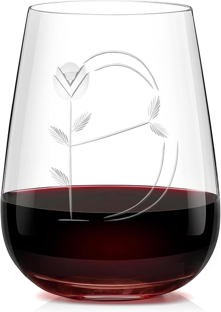 Hand-Blown Crystal Stemless Glasses with Personalized Initial Engravings - 16 Oz Lead-Free Monogram Red Tumblers - Perfect for Connoisseurs and Letter 'B' Enthusiasts