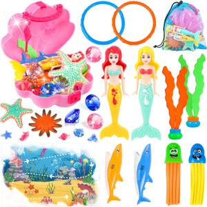 HUUIDY Pool Toys, Swim Diving Toys for Kids Set with Upgraded Shell Treasure Chest, Pool Mermaid with Storage Bag Pool Game Summer Beach Water Birthday Party Gift(Shell Box)