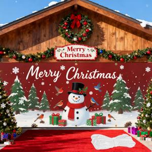 Garage Door Christmas Cover 6.5x16FT  Large Polyester Christmas Garage Door Banner with 10 Brass Grommets, 19.69FT Ribbon & Double-Stitched Edges | Snowman Outdoor Garage Decorations for Holiday Yard, Porch, Fence