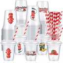 Qinyoung 60 Pcs Watercolor Fire Truck Party Cups with Lids and Paper Straws 14 oz Disposable Clear Plastic Cups for Firefighter Birthday Party Favor Supplies Decorations