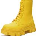 Women's Chunky Heel Combat Boots Platform Ankle Booties, Lace Up Fall Winter Streetwear Fashion Boots, Comfortable Block Heel (Chrisley) - Yellow Size 8