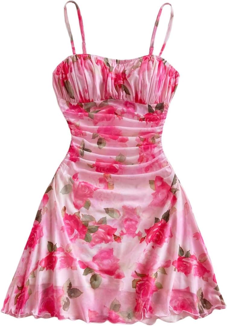 WDIRARA Women's Floral Print Ruched Cami Dress Spaghetti Strap Ruffle Hem Mesh Mini Dress Multicolor Pink X-Small