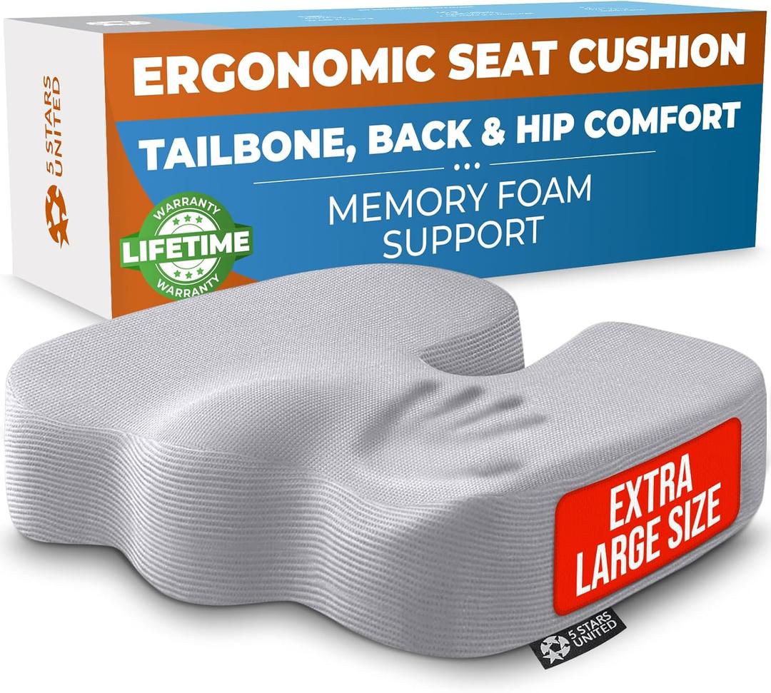 5 STARS UNITED Seat Cushion for Tailbone Pain Relief  Memory Foam Cushion for Coccyx, Hip, Sciatica & Post-Surgery Recovery  Wheelchair, Car, Desk, Gaming & Office Chairs, Light Gray, X-Large
