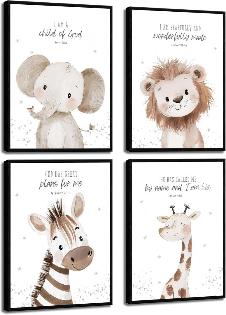 Framed Nursery Bible Verse Animal Canvas Wall Art Funny Cute Safari Animals Christian Painting Wall Decor Lions Elephant Giraffe Zebra Poster Print Artwork for Boys and Girls Home Decoration