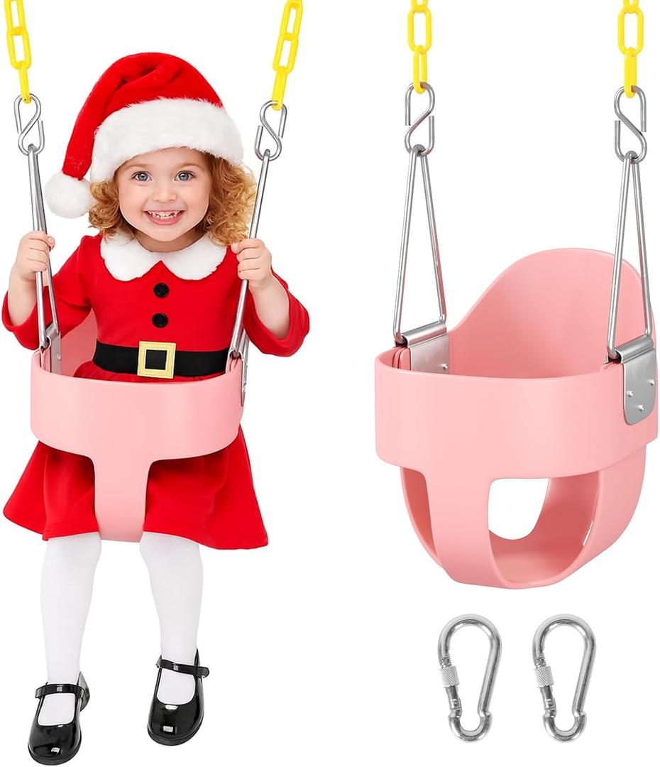 DECORLIFE Toddler Swing - High Back Full Bucket Seat for Ages 1-3, 330lb Capacity, Baby infant Swing Outdoor with Safety Design, Plastic-Coated Chains, Carabiners for Backyard, Playground, Garden-Pink