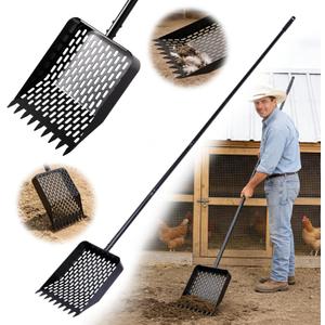 Large Chicken Poop Scooper & Rake 2-in-1, Heavy Duty Metal Pooper Scooper with 43" to 90" Adjustable Stainless Steel Handle, Sand Sifting Shovel for Chicken Coops & Farm Animals Little Scoop