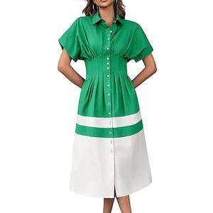 Wenrine Womens Summer Button Down Shirt Dress Casual Color Block V Neck Short Sleeve Corset Maxi Dresses Size M
